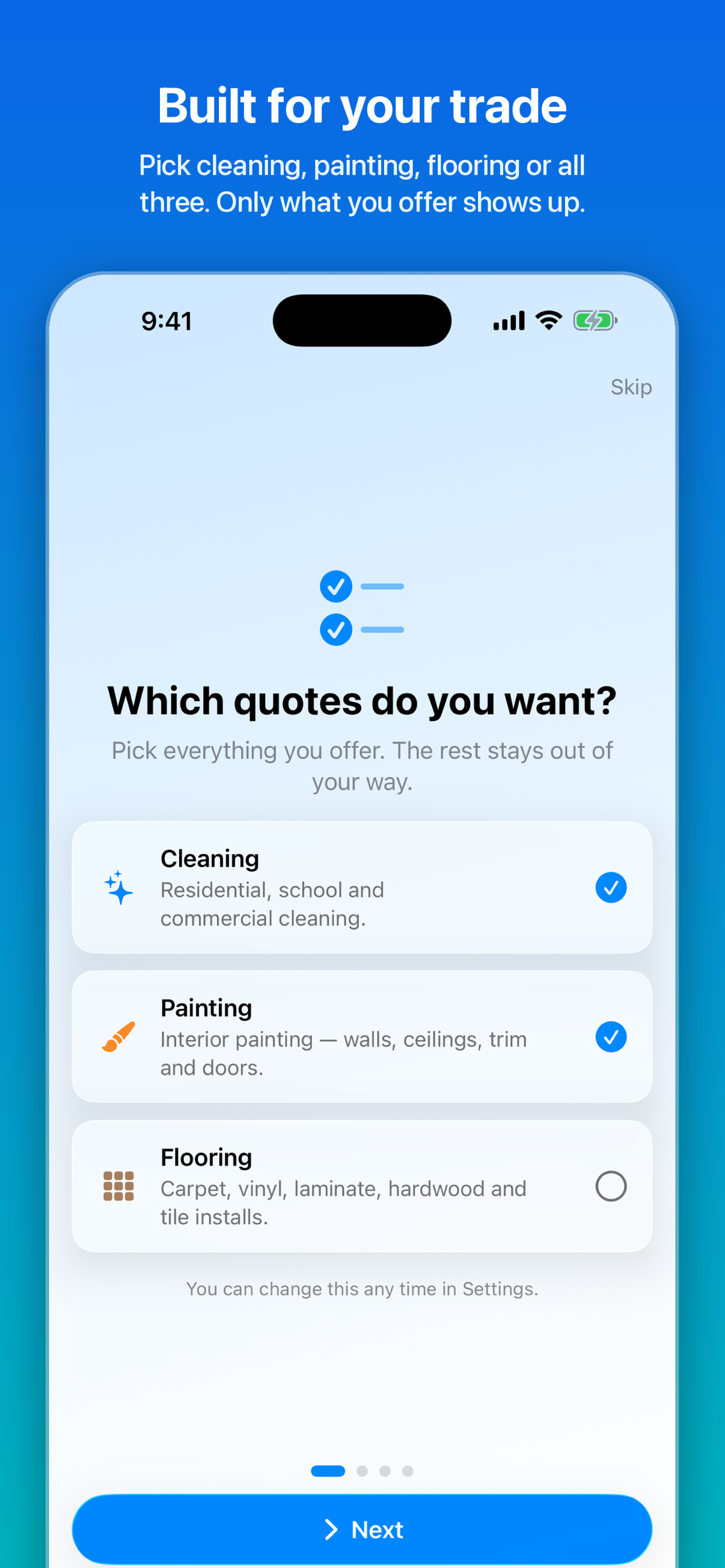 CleanQuotes on iPhone asking which quotes you want — cleaning, painting, or flooring