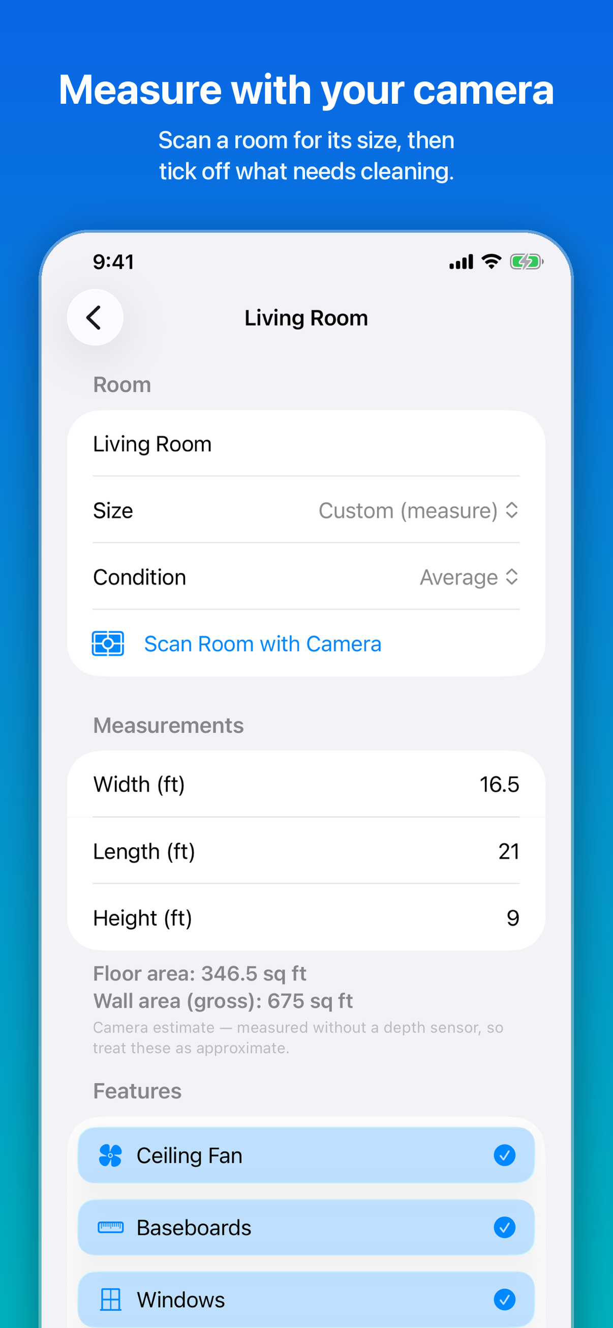CleanQuotes on iPhone measuring a living room with the camera and ticking off features to clean