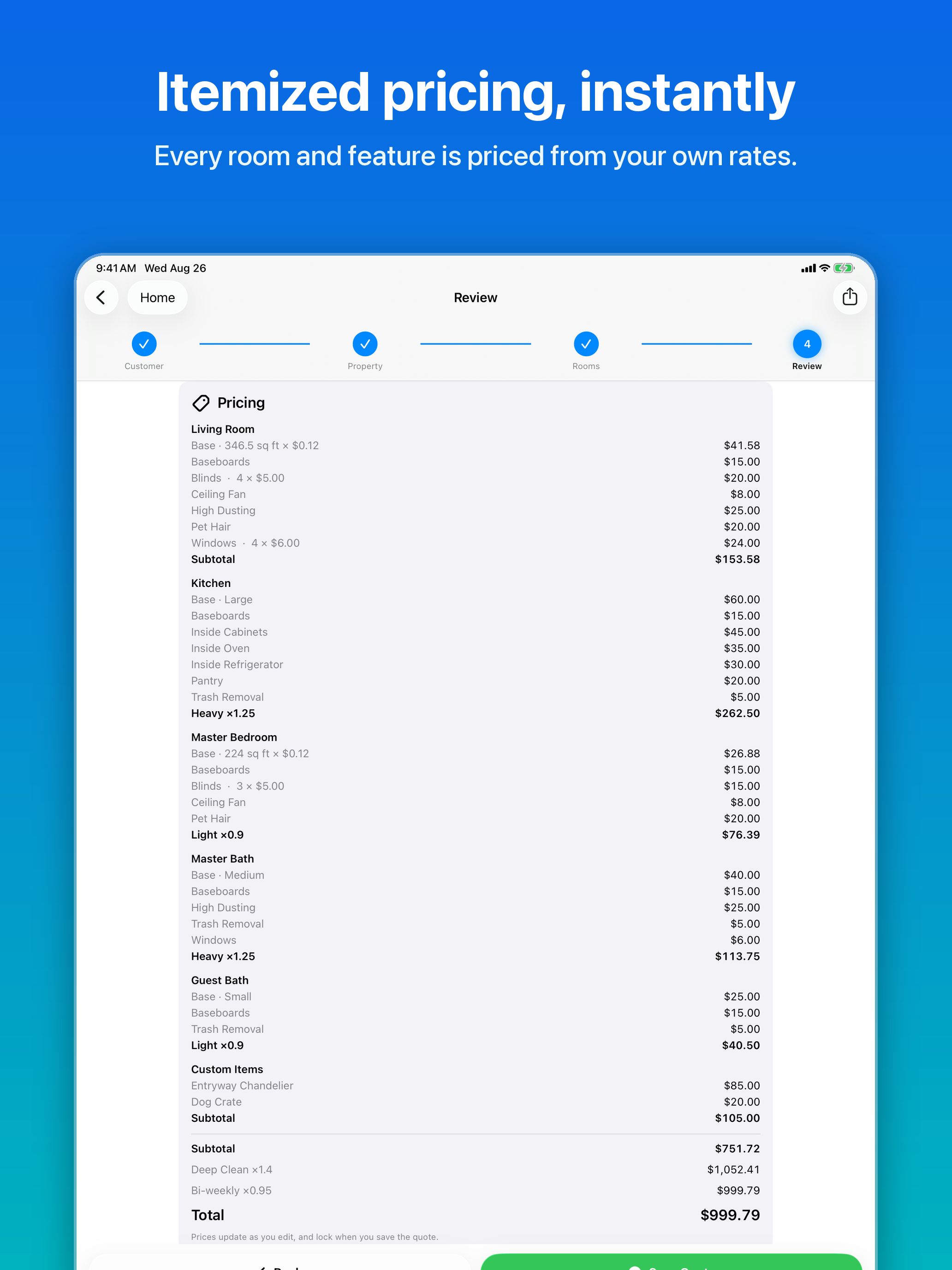 CleanQuotes on iPad showing an itemized room-by-room price breakdown and total