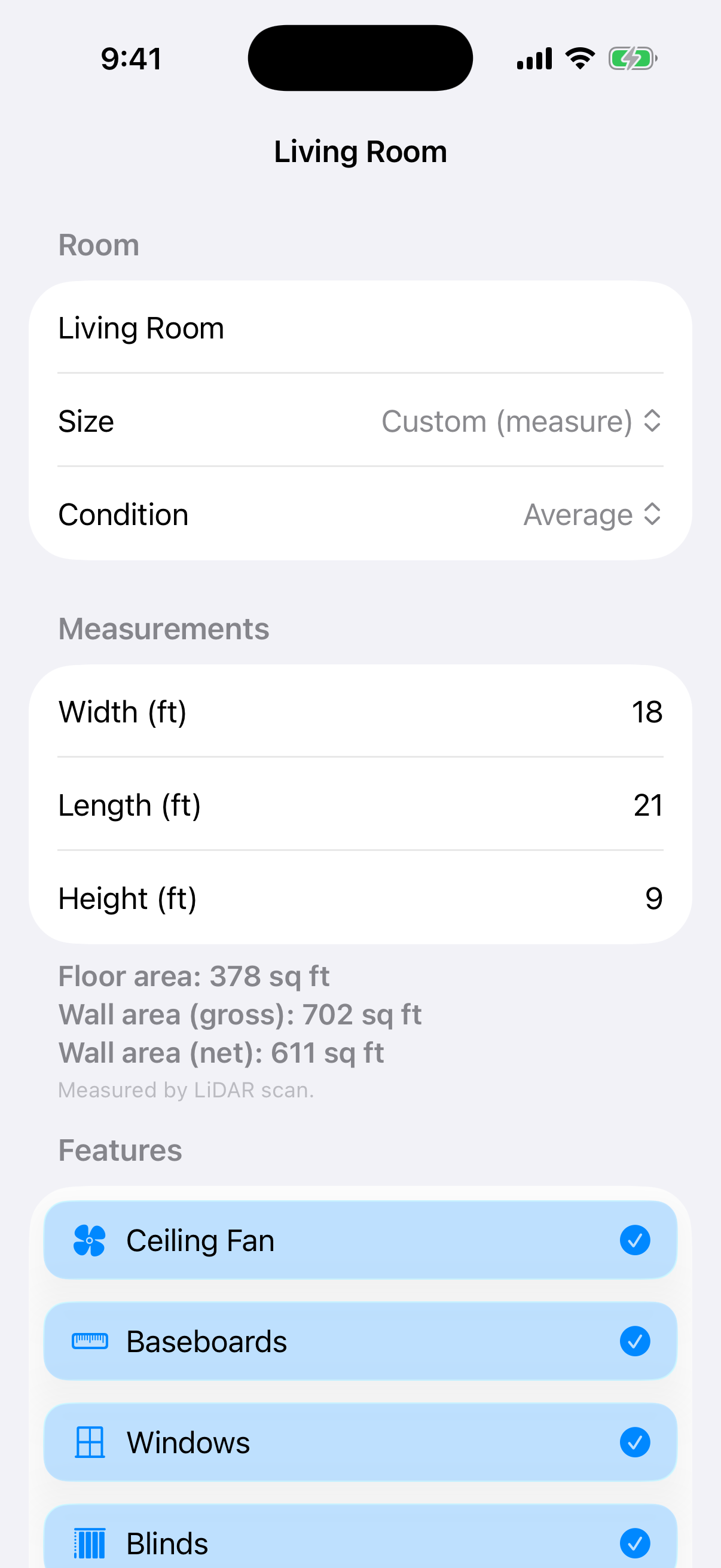 CleanQuotes on iPhone editing a single room’s dimensions and service level