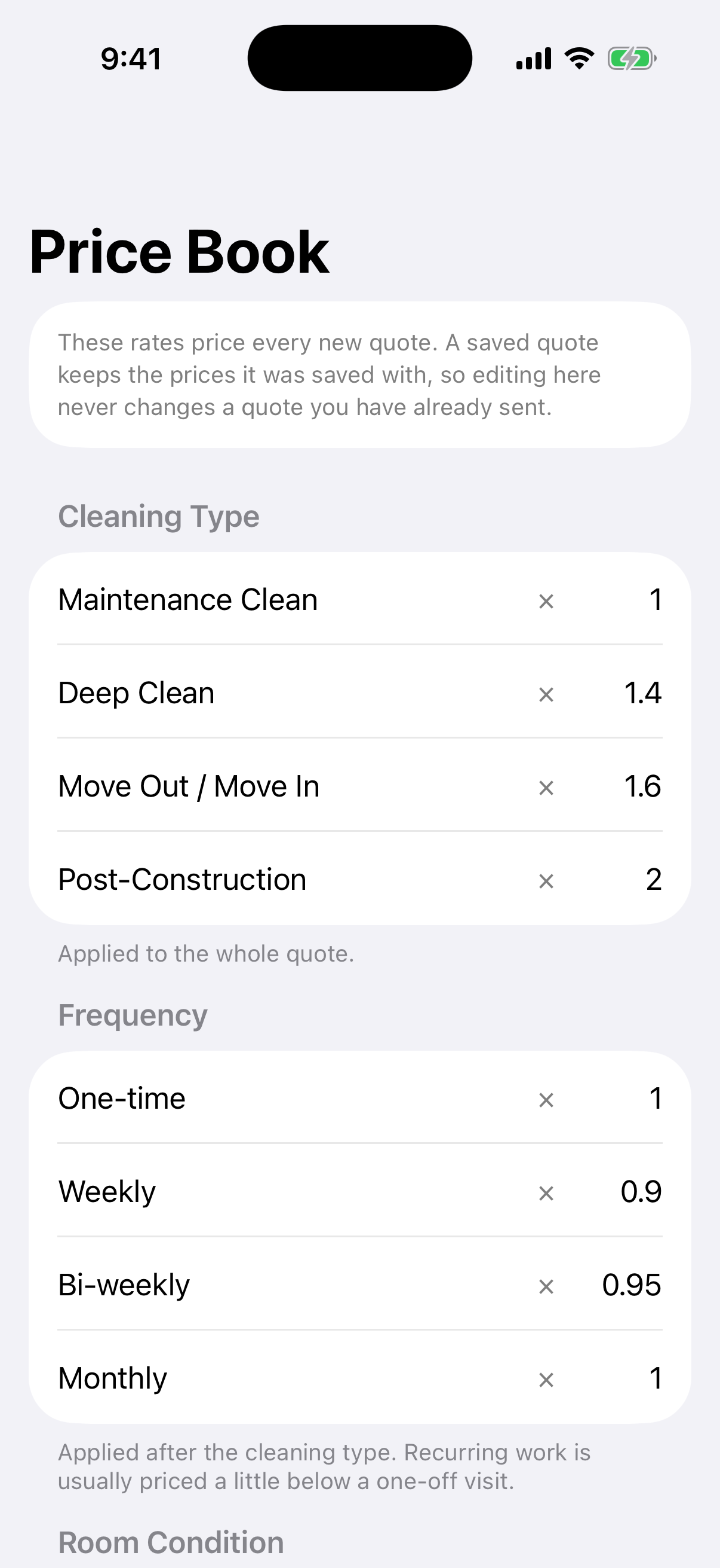 CleanQuotes on iPhone showing the price book with per-room and per-square-foot rates