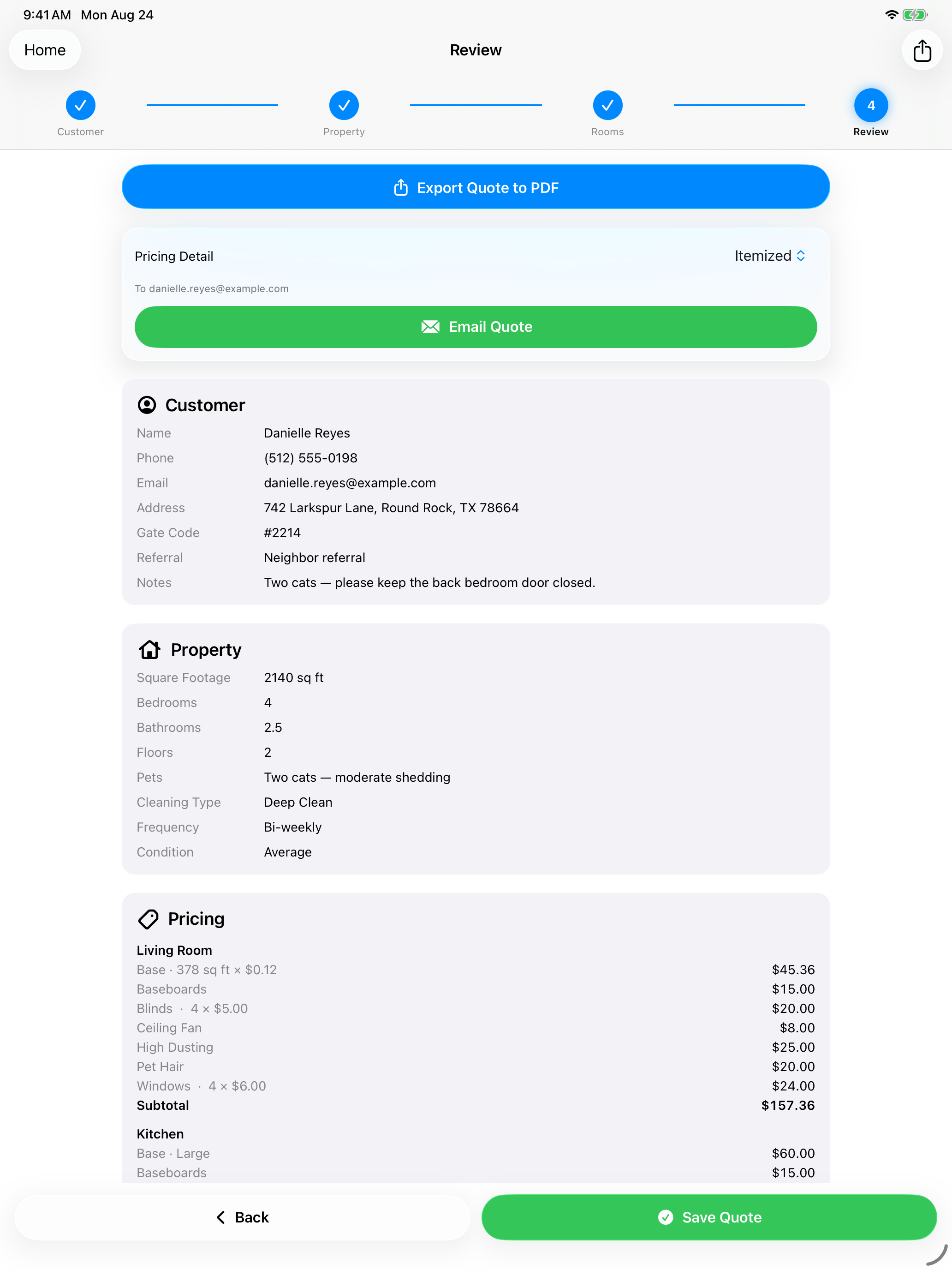 CleanQuotes on iPad showing the Review step with customer details and an itemized price breakdown