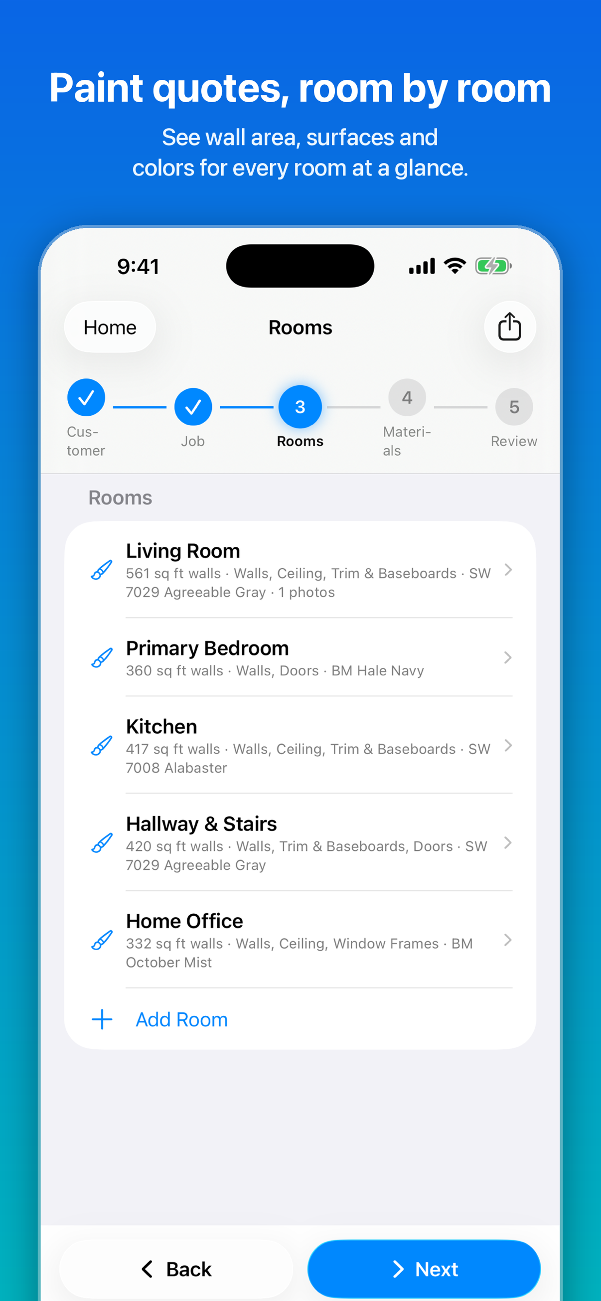 CleanQuotes painting quote on iPhone listing rooms with wall area, surfaces, and paint colors