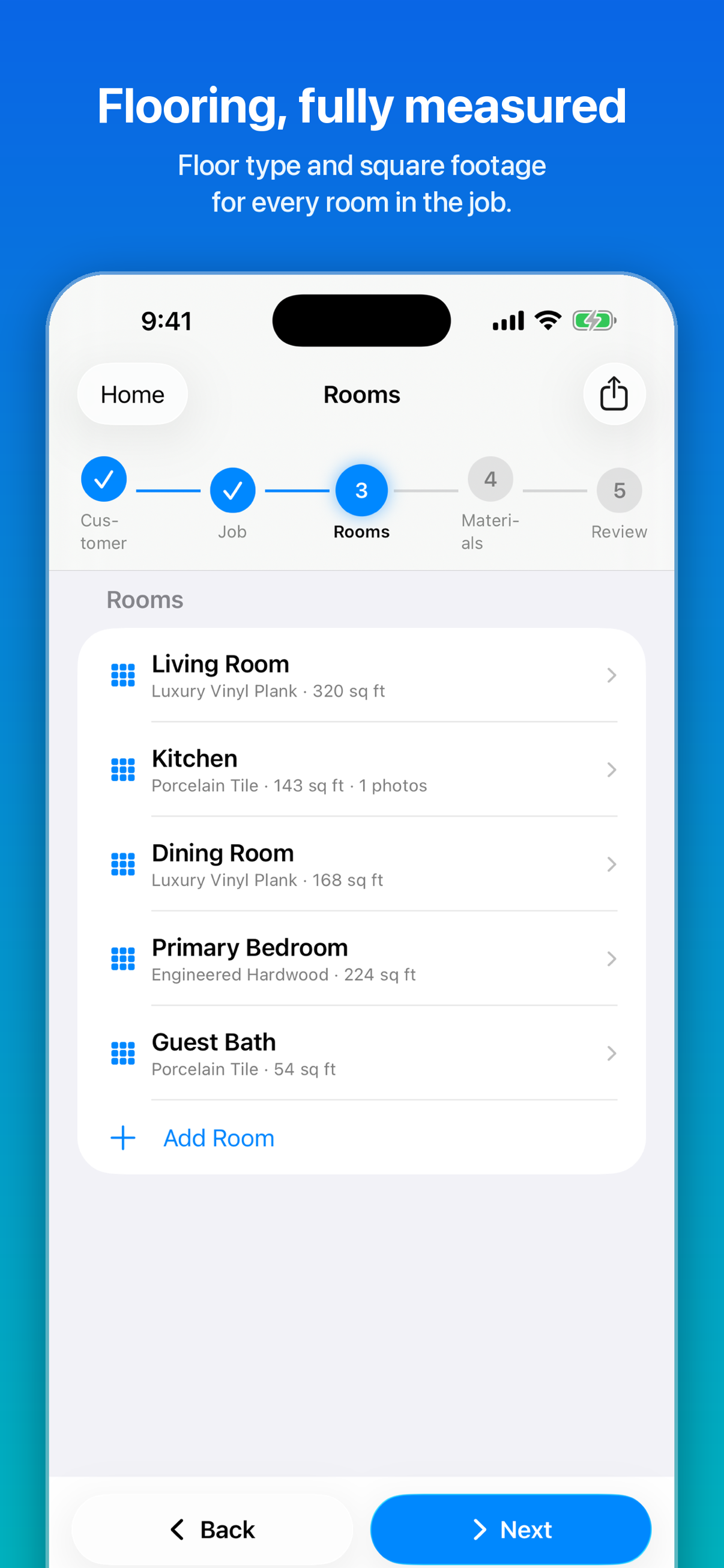 CleanQuotes flooring quote on iPhone listing rooms with floor type and square footage