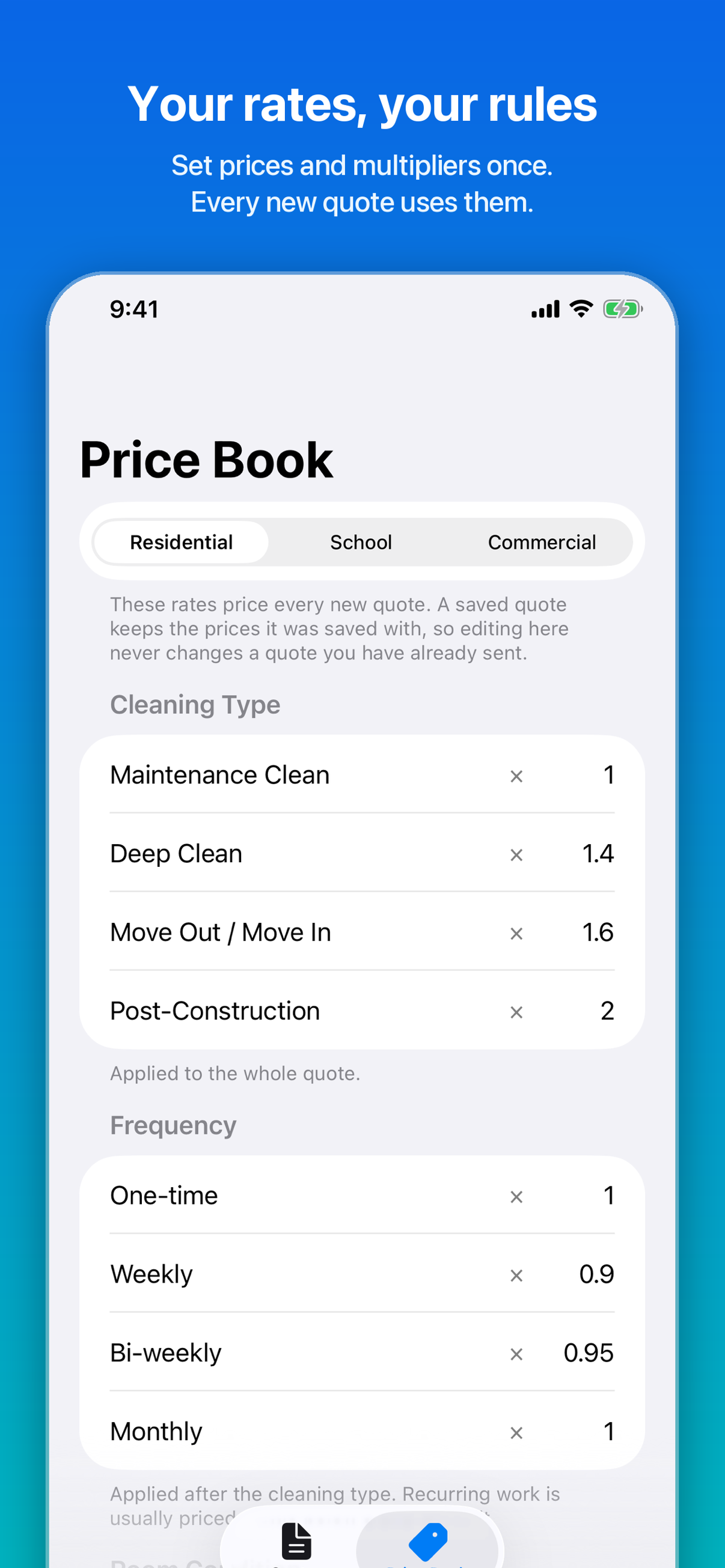 CleanQuotes price book on iPhone with cleaning type and frequency multipliers