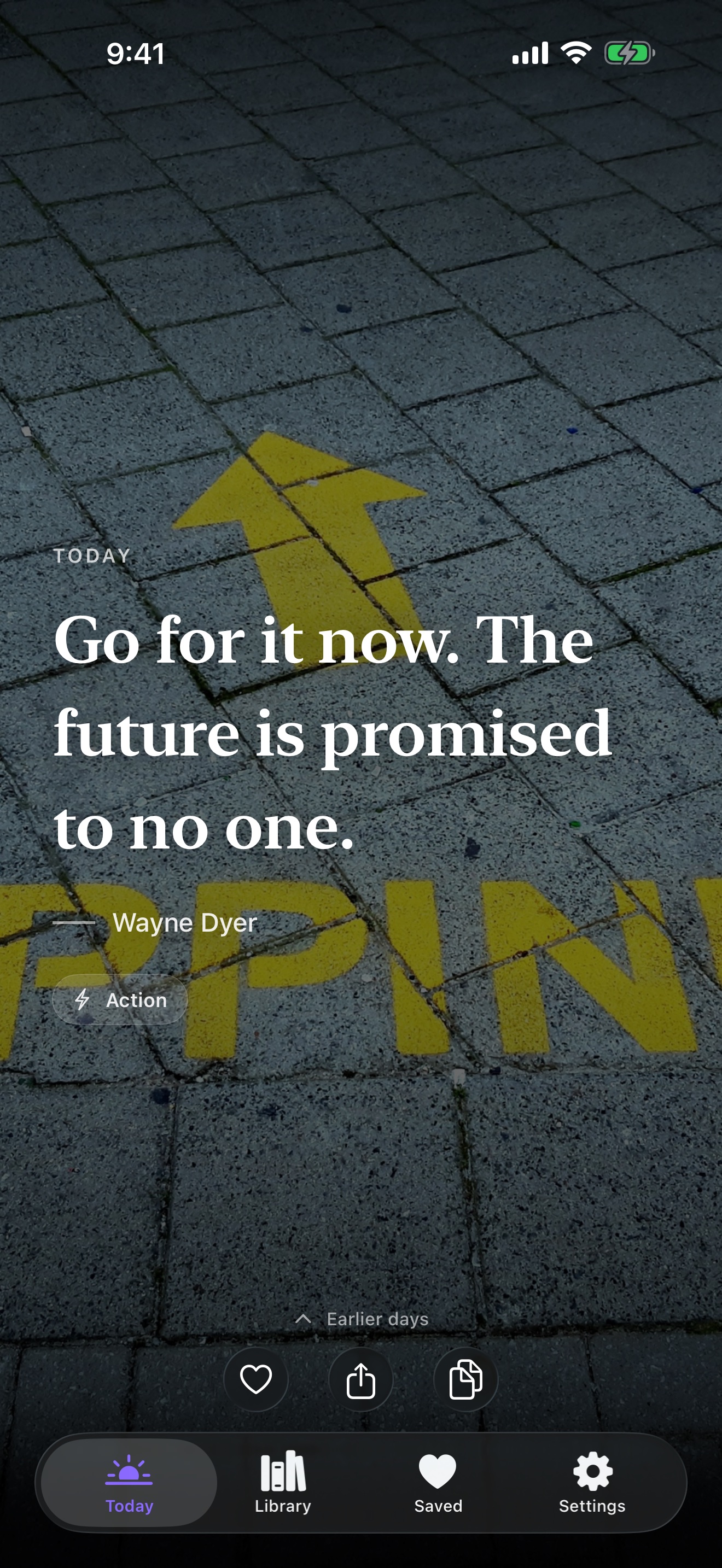 Daily Quotes on iPhone showing today’s Wayne Dyer quote on a photograph of a yellow arrow