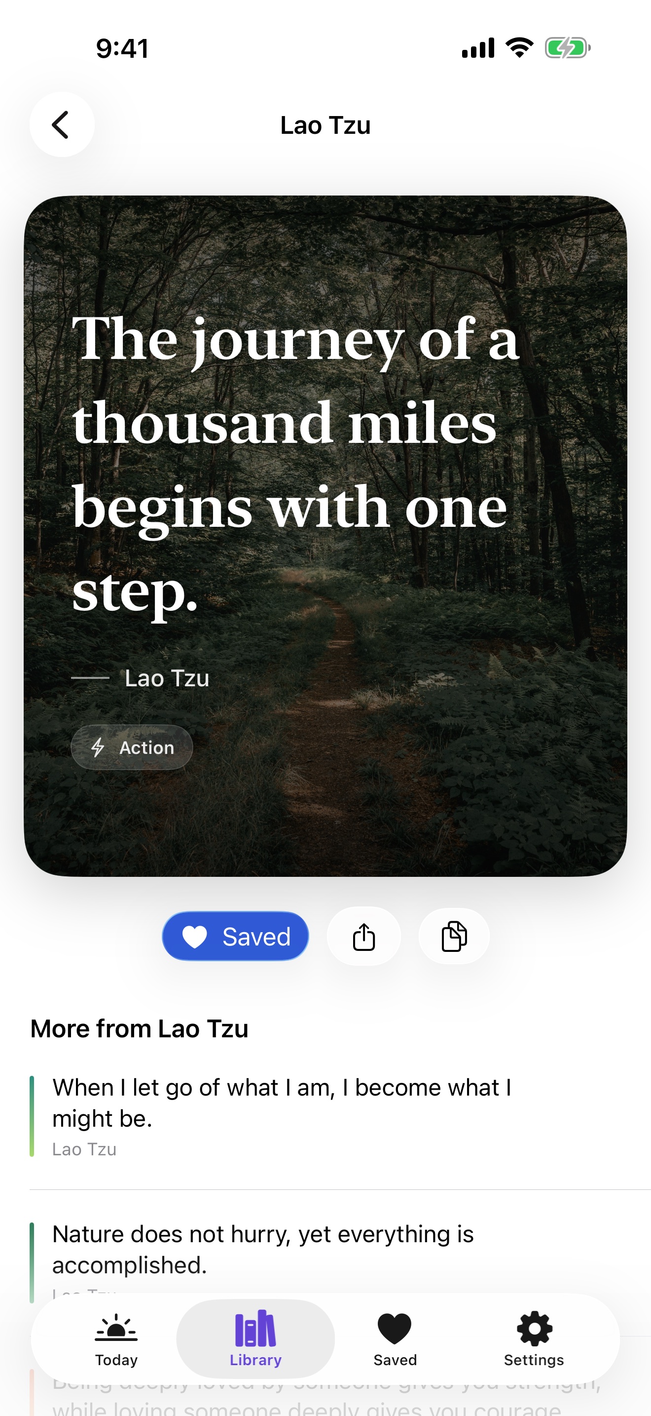 Daily Quotes on iPhone showing a saved Lao Tzu quote with more quotes by the same author