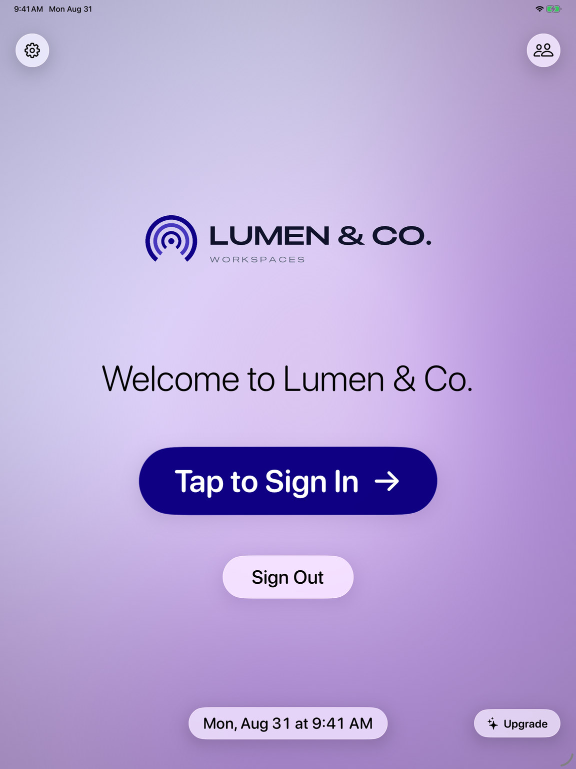 FrontDesk Genie kiosk home screen on iPad with a company logo and a Tap to Sign In button