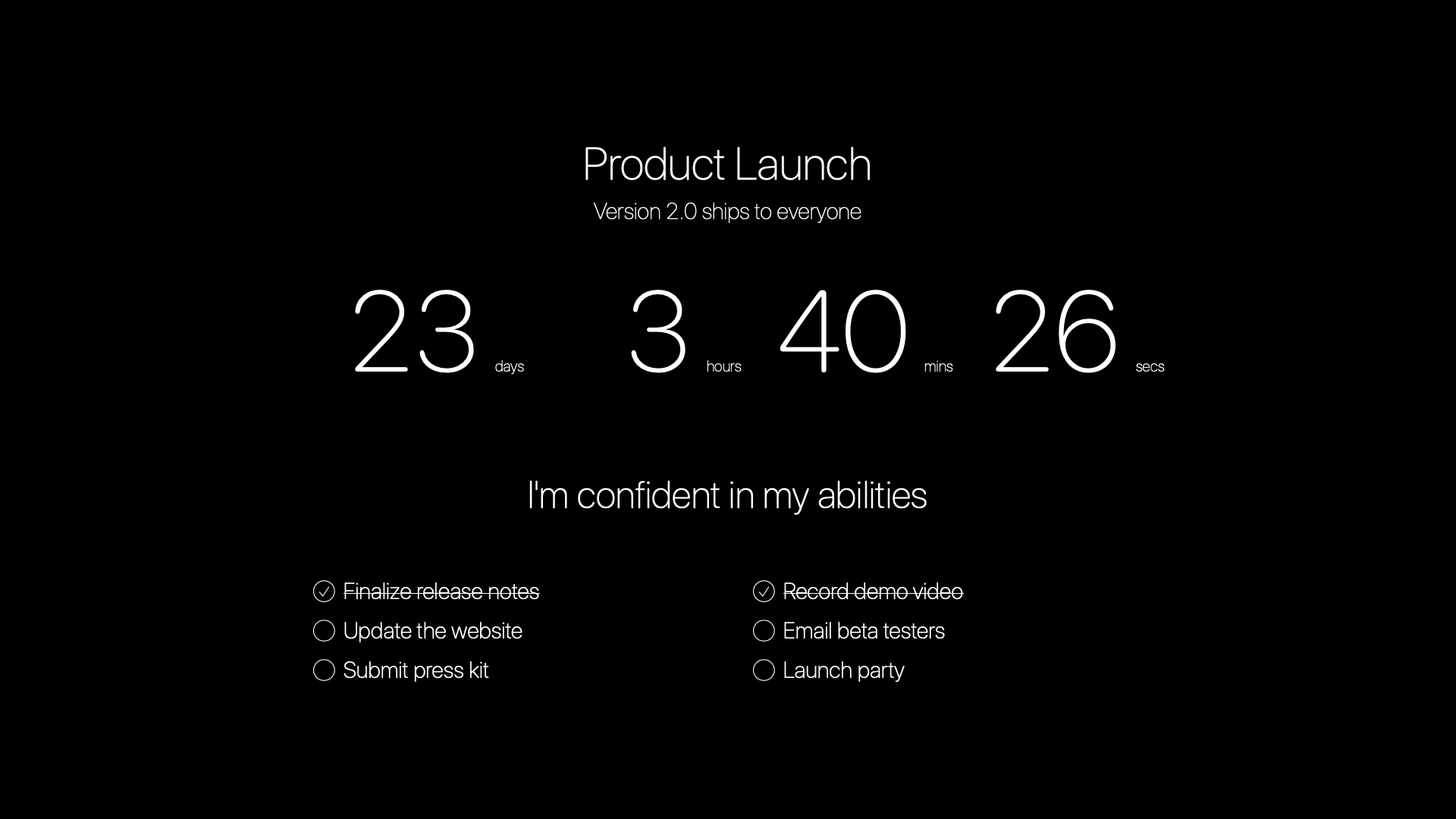 MenuTimer full-screen countdown to Product Launch showing 23 days, 3 hours, 40 minutes and 26 seconds, a quote, and a six-item task list with two tasks done