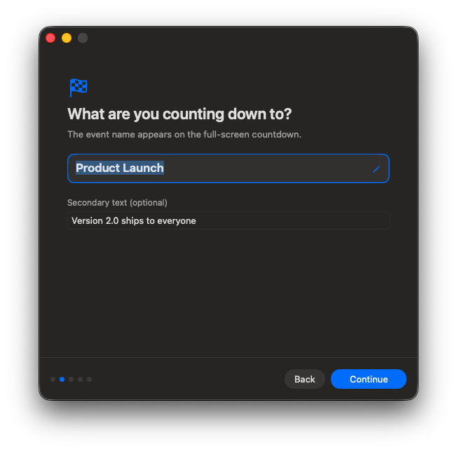 MenuTimer setup asking what you are counting down to, with the event name and secondary text