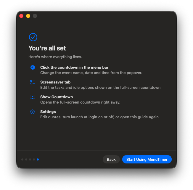 MenuTimer setup confirming you are all set, with a short tour of where things are