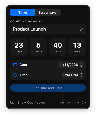 MenuTimer menu bar panel counting down to Product Launch with 23 days, 5 hours, 40 minutes and 13 seconds left, and date and time pickers