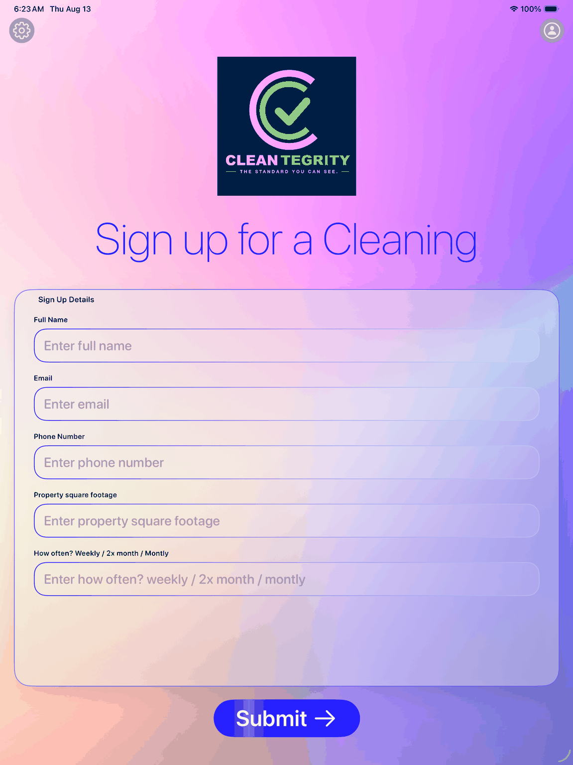 Sign-Up Sheet on iPad branded for a cleaning company sign-up form