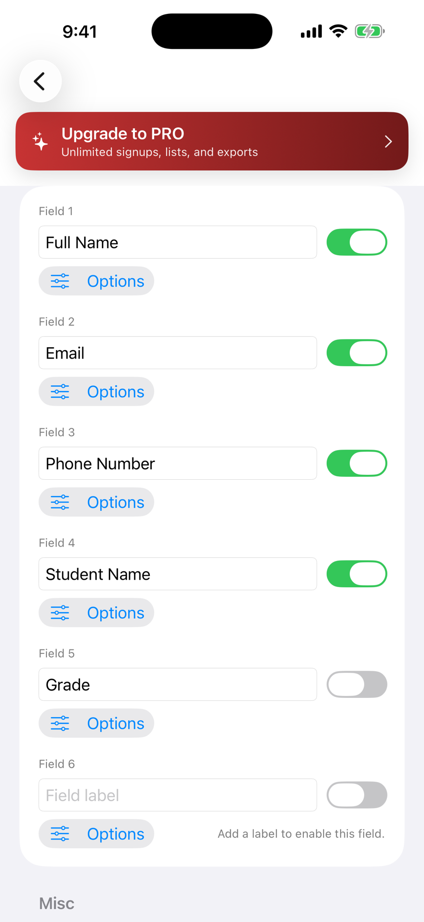 Sign-Up Sheet on iPhone editing the six custom fields