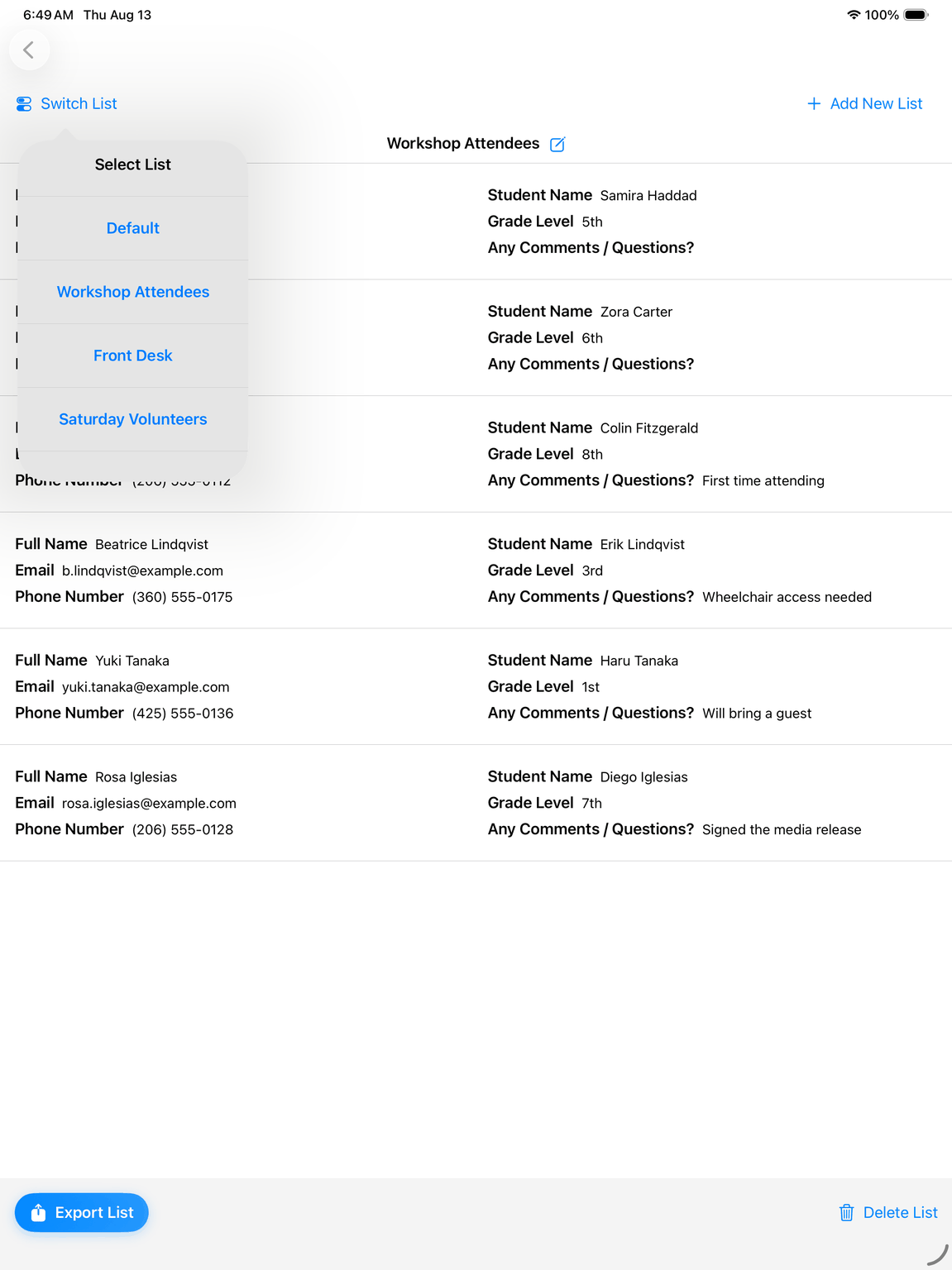 Sign-Up Sheet exporting collected entries