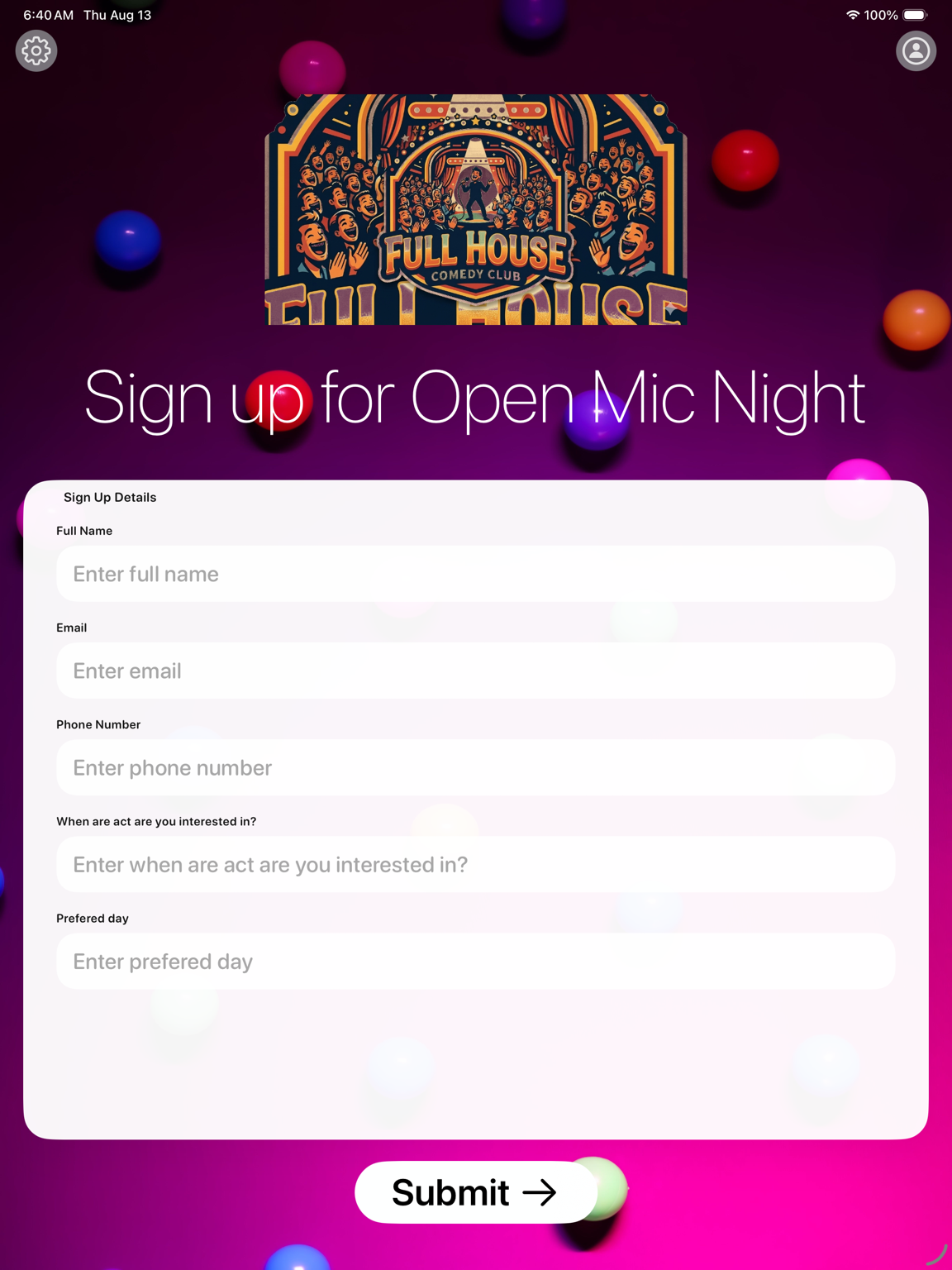 Sign-Up Sheet on iPad branded for an open mic night