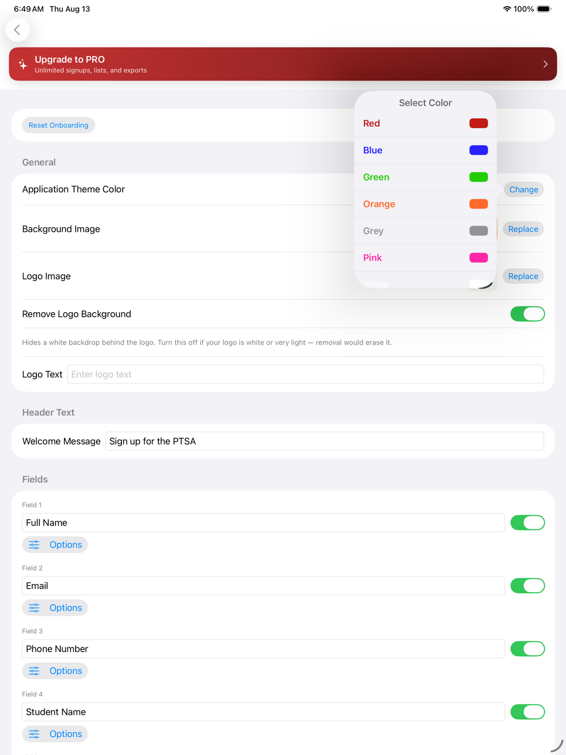 Sign-Up Sheet settings on iPad with the theme color picker and custom fields