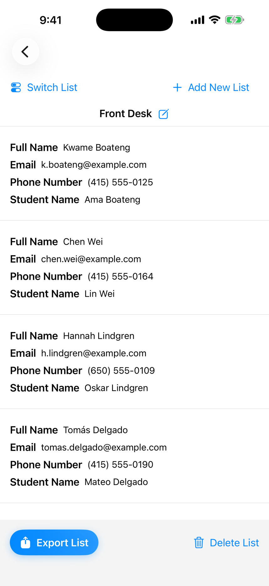 Sign-Up Sheet on iPhone listing collected sign-ups with an Export List button